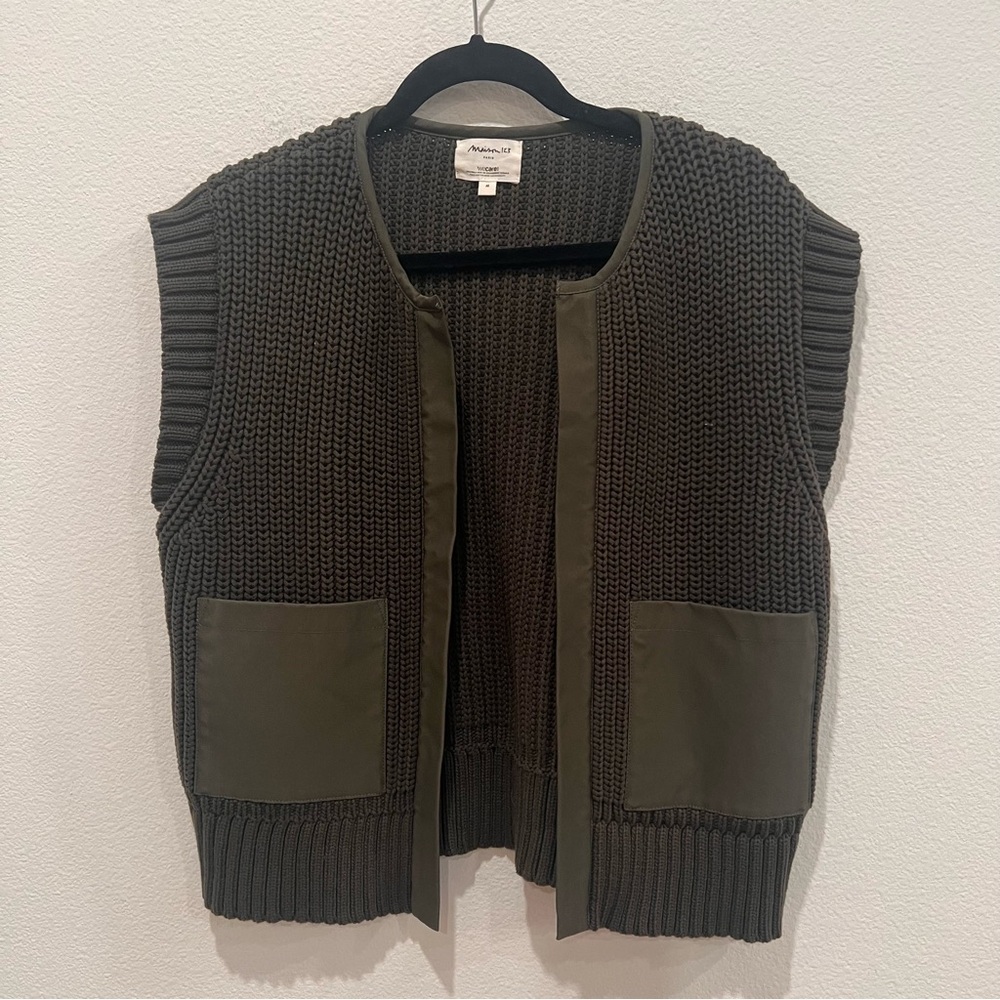Maison 123 Paris sweater open vest Sz m green casual office work preppy boho
